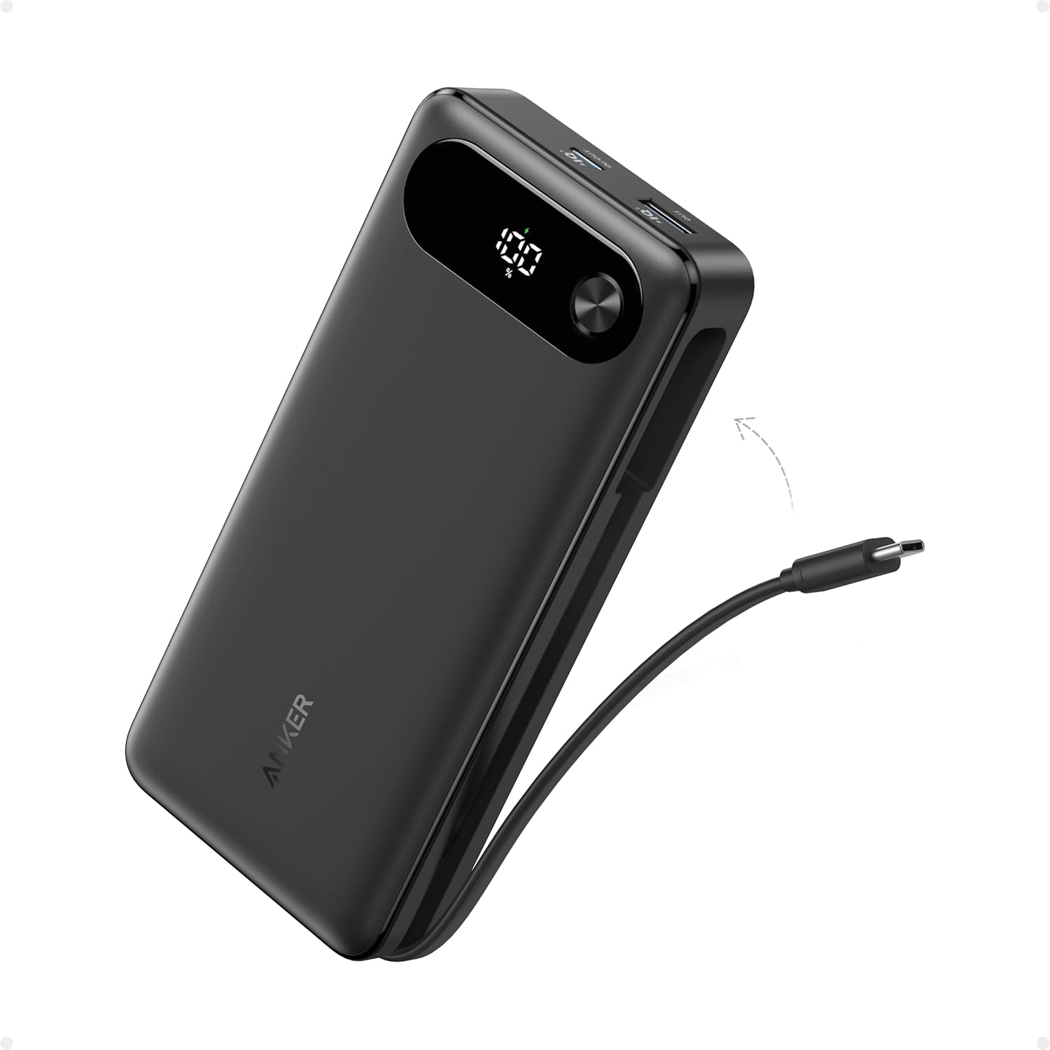 Anker Powerbank mit integriertem USB-C Kabel auf hellem Hintergrund