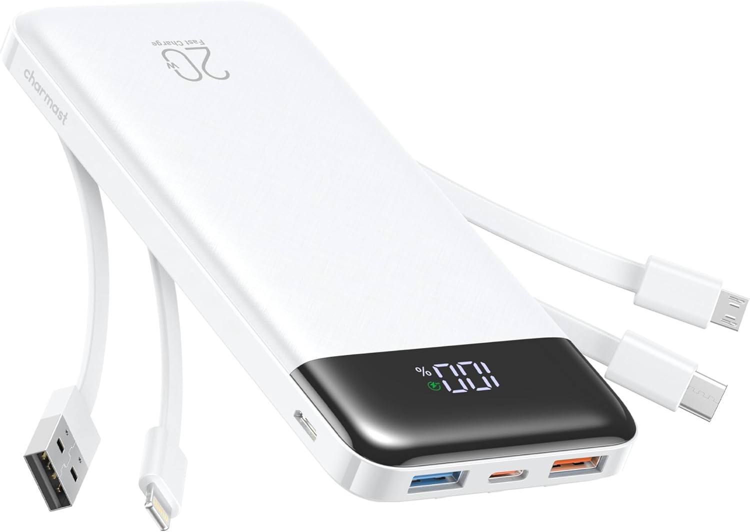 Charmast Powerbank weiß mit LED Display und mehreren Ladekabeln