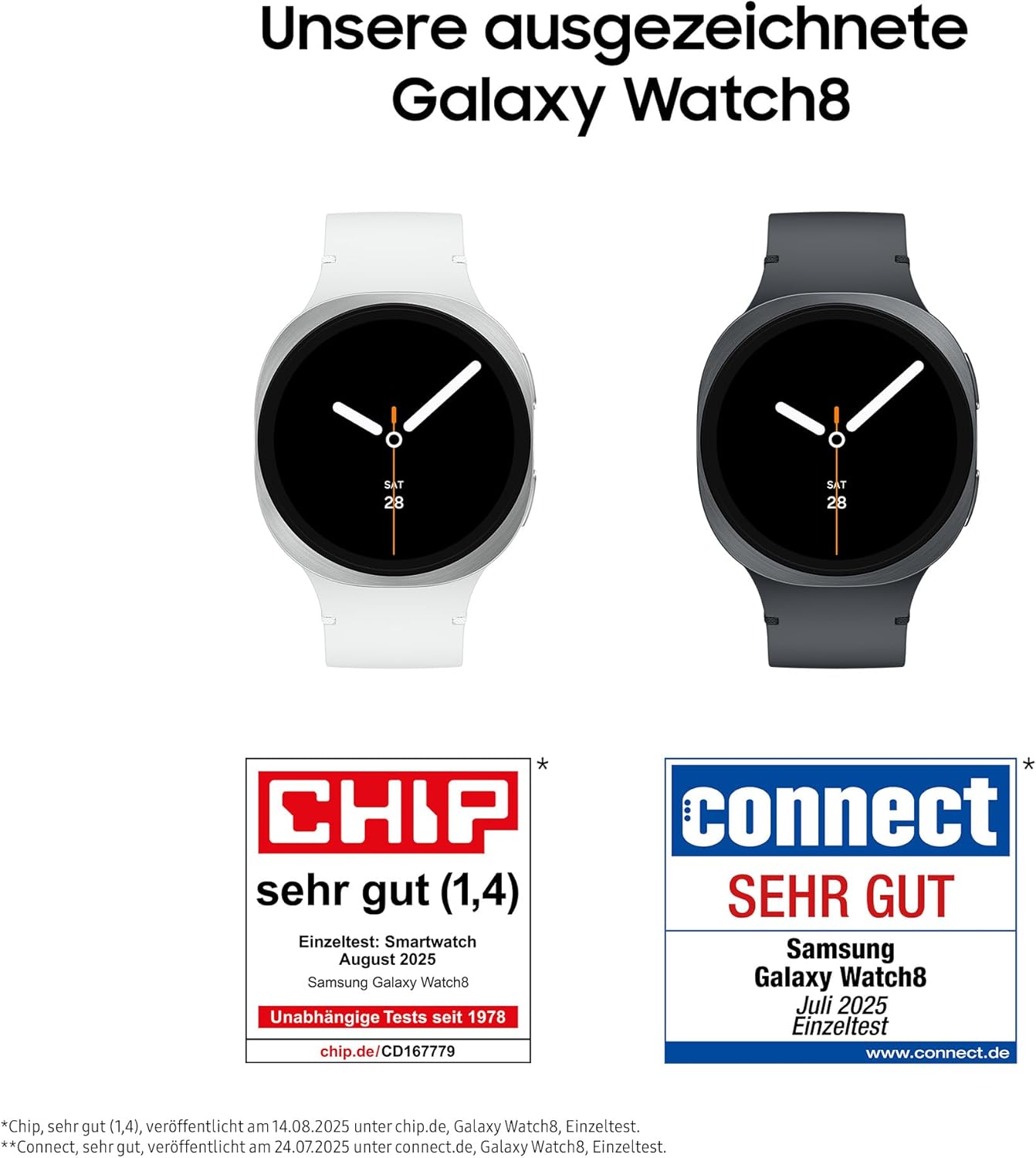 Samsung Galaxy Watch8 Silber mit Sport Band auf hellem Hintergrund