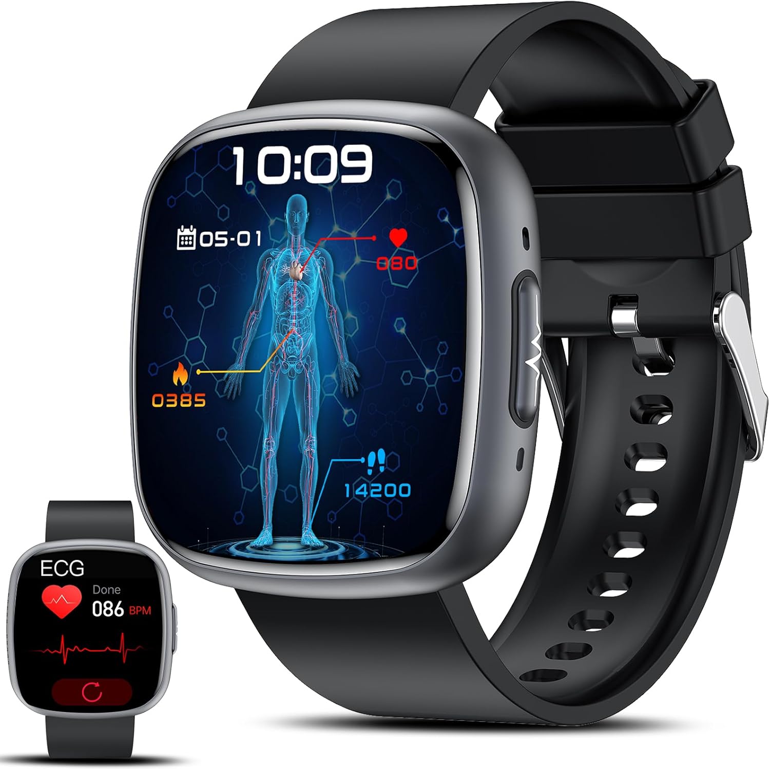 Lgnitek Smartwatch schwarz mit Gesundheitsdaten auf Display