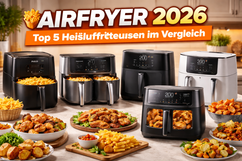 Airfryer 2026 im Vergleich mit verschiedenen Heißluftfritteusen und zubereiteten Speisen in moderner Küche