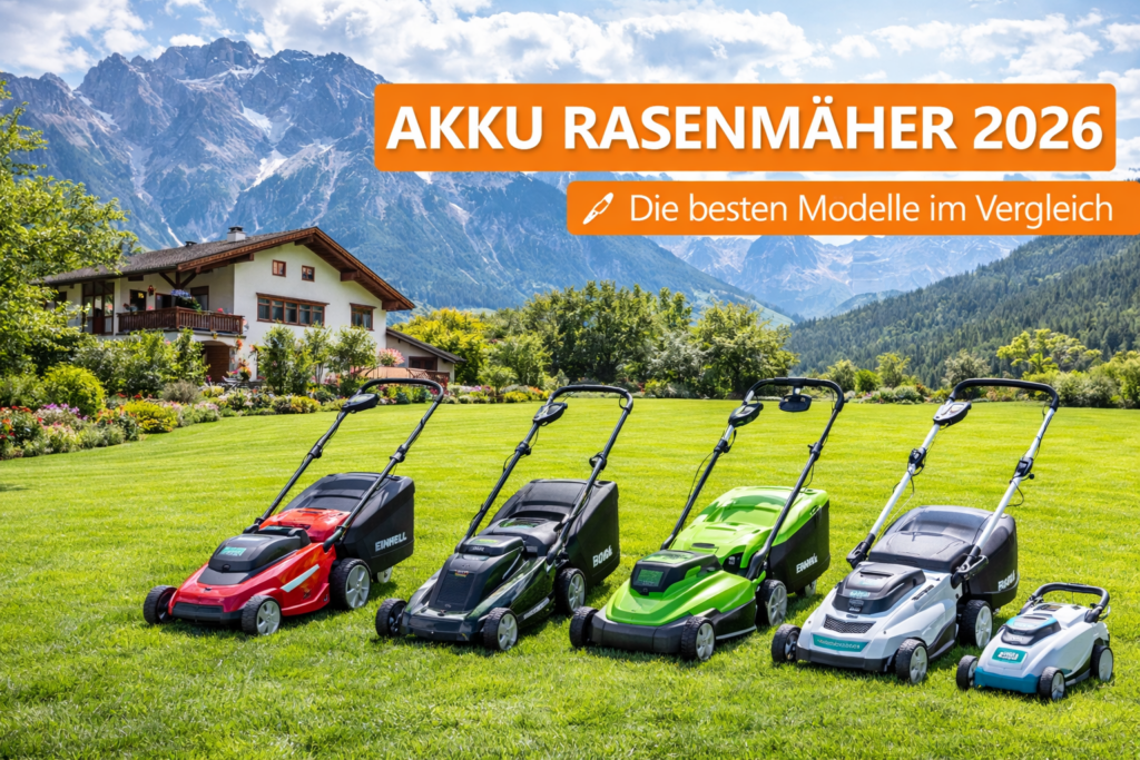 Akku Rasenmäher 2026 im großen Garten mit Haus und Berglandschaft
