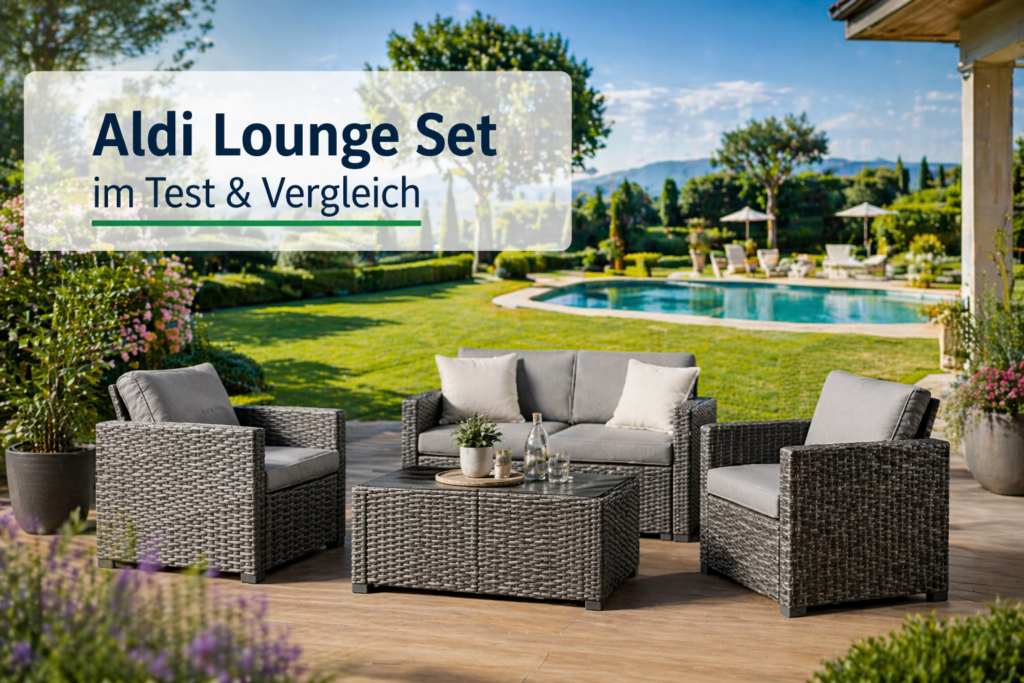Aldi Lounge Set im Test und Vergleich 2026 mit Gartenmöbeln auf Terrasse und Pool im Hintergrund