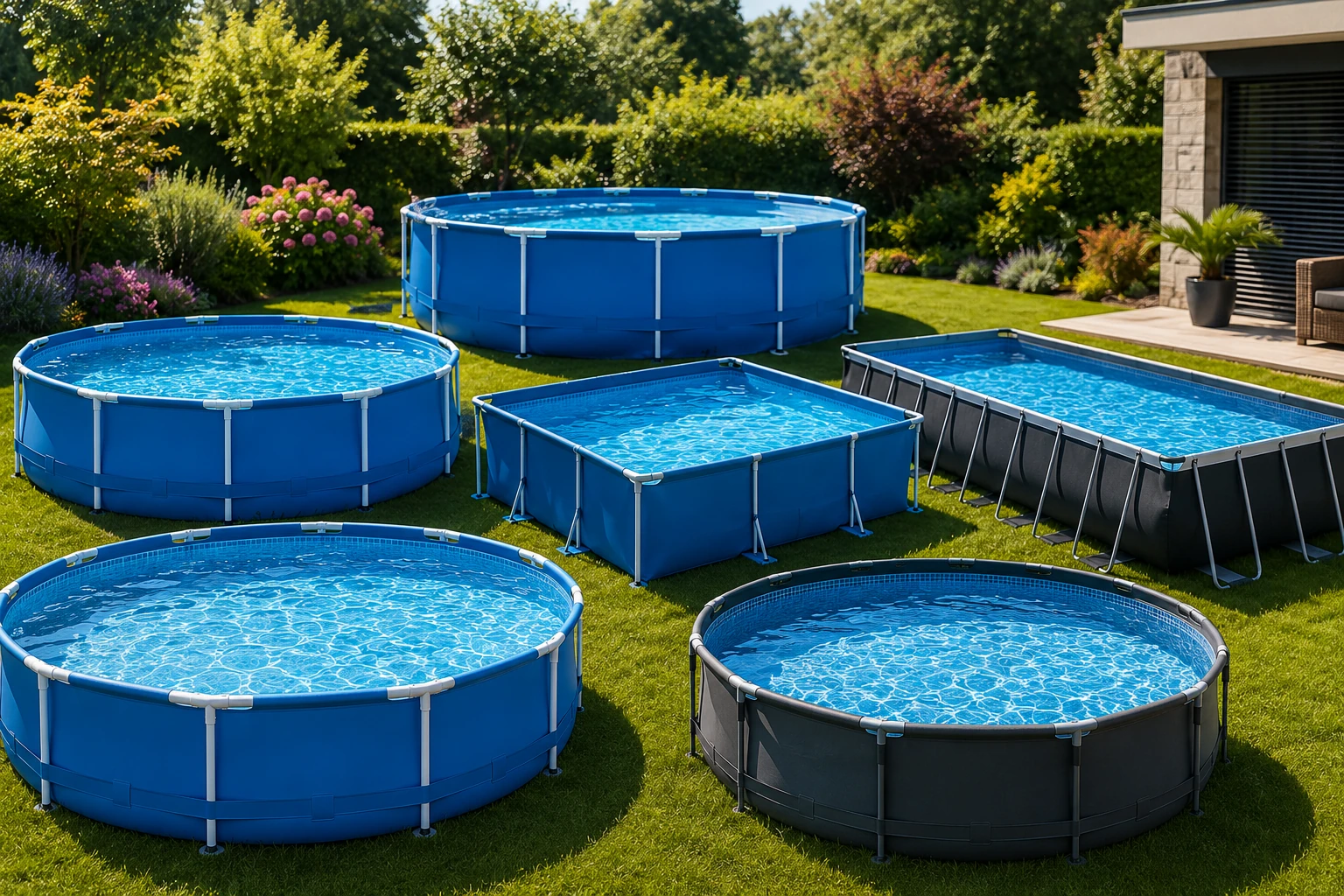 Aufstellpool Vergleich mit fünf unterschiedlichen Stahlrahmenpools im Garten