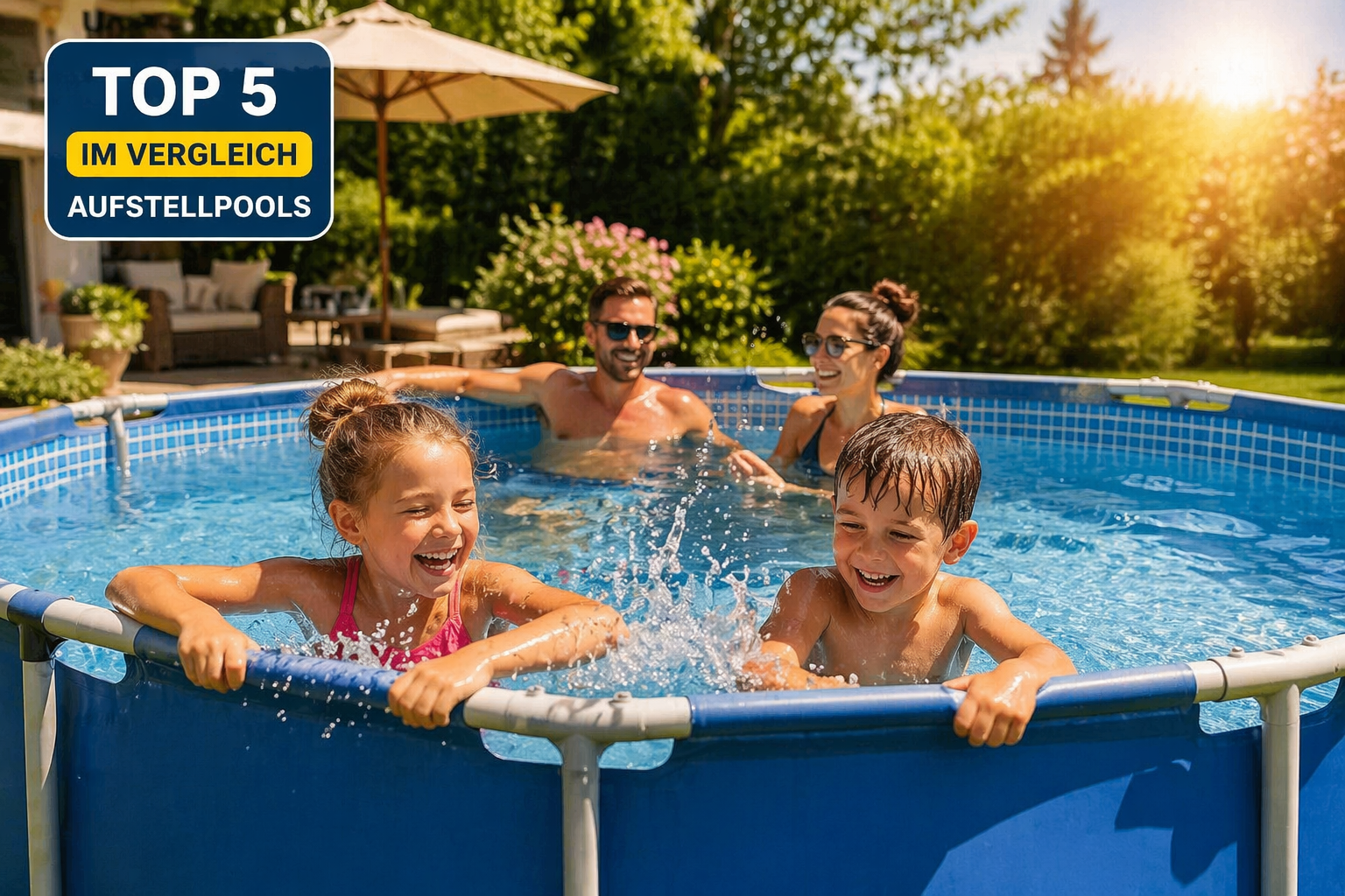 Aufstellpools 2026 Top 5 Vergleich mit Familie und Kindern im Pool im Garten