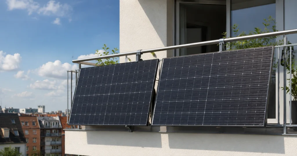 Balkonkraftwerk mit Solarmodulen am Balkongeländer