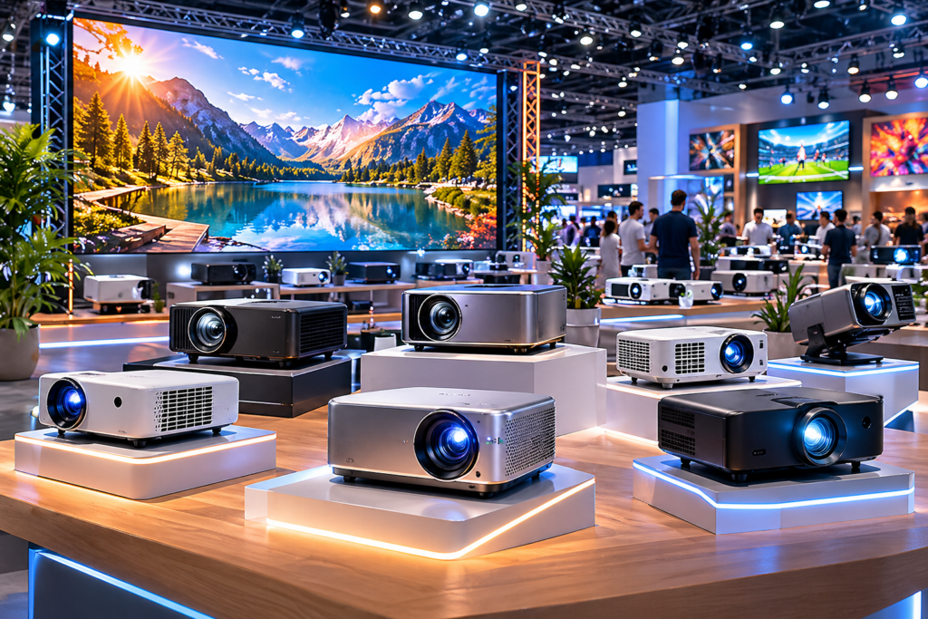 Verschiedene Beamer auf einer Technik Messe mit großer Leinwand im Hintergrund