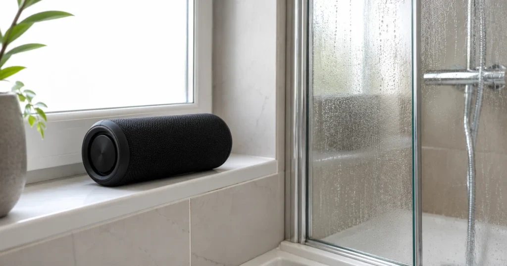Bluetooth Lautsprecher am Rand einer Duschkabine