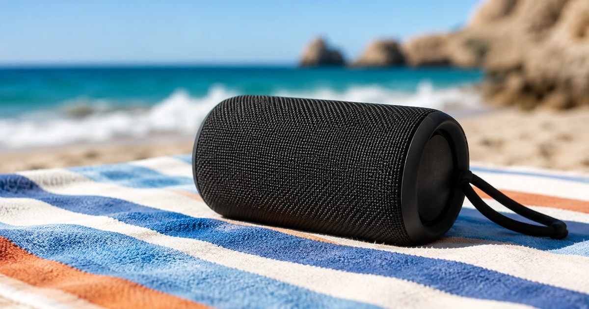 Bluetooth Lautsprecher am Strand bei Sonnenschein