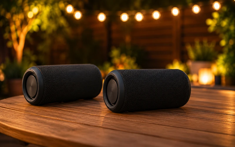 Bluetooth Lautsprecher bei einer Gartenparty am Abend