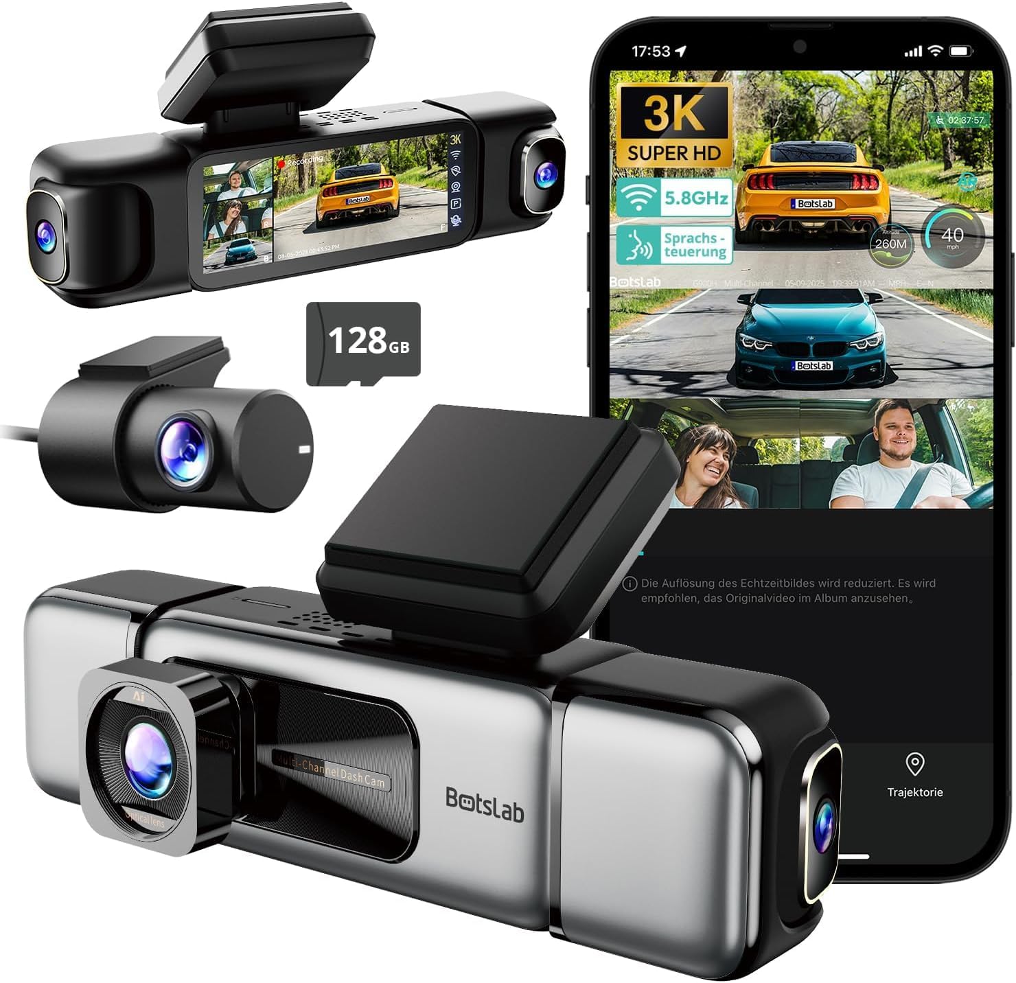 BOTSLAB G980H 4-Kanal-Dashcam mit Front-, Seiten- und Heckkamera