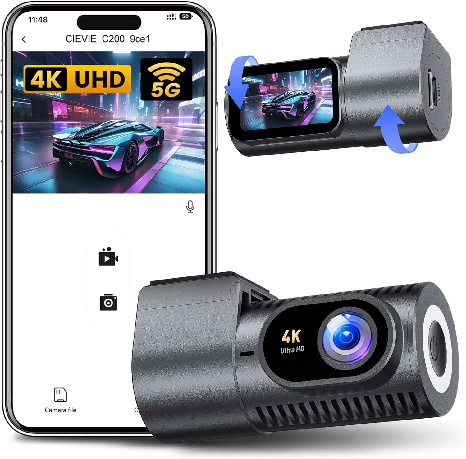 CIEVIE C200 Mini-Dashcam mit drehbarem Objektiv und IPS-Display