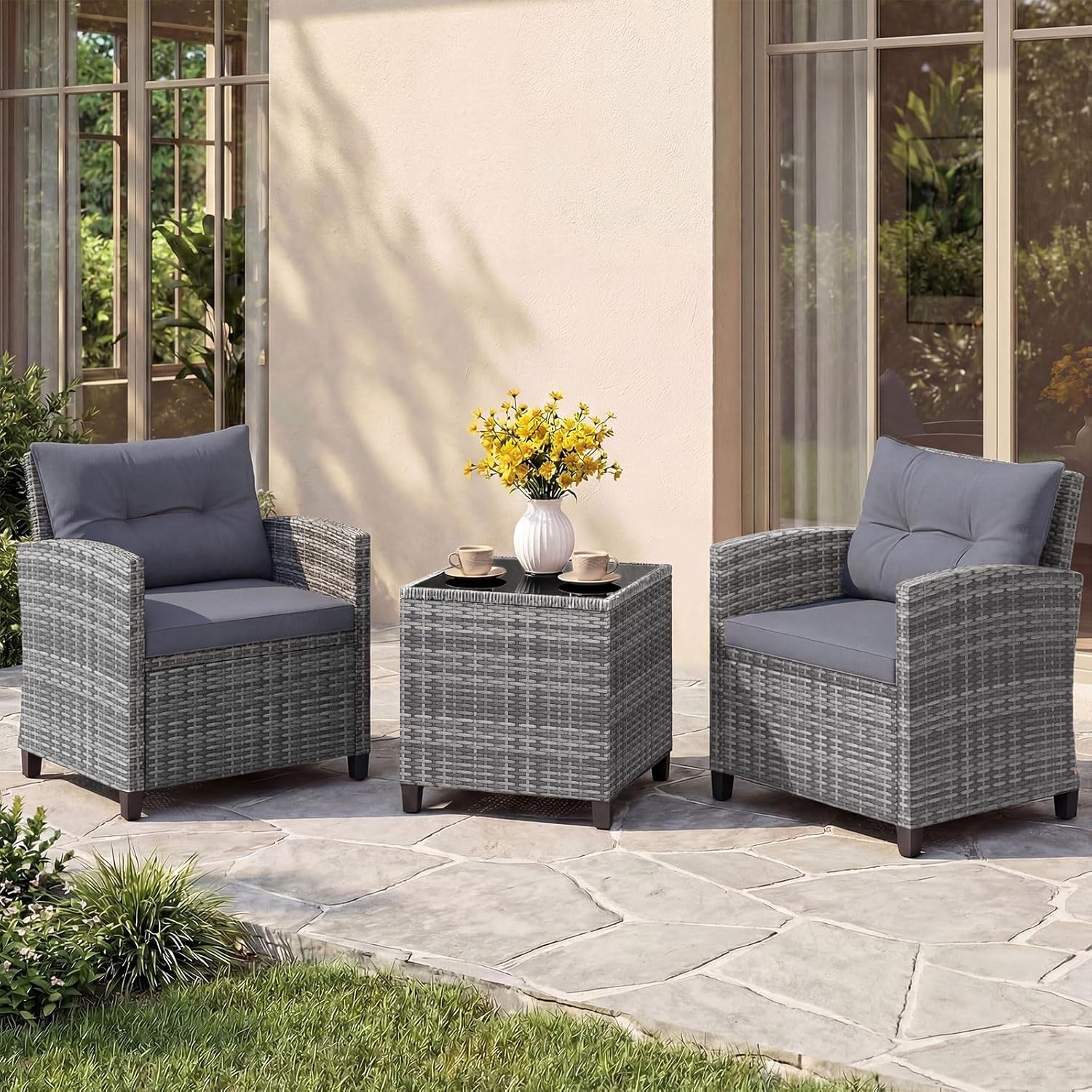 COSTWAY Rattan Gartenmöbel Set 3-teilig mit Tisch und Glasplatte für Balkon und Terrasse im Test 2026