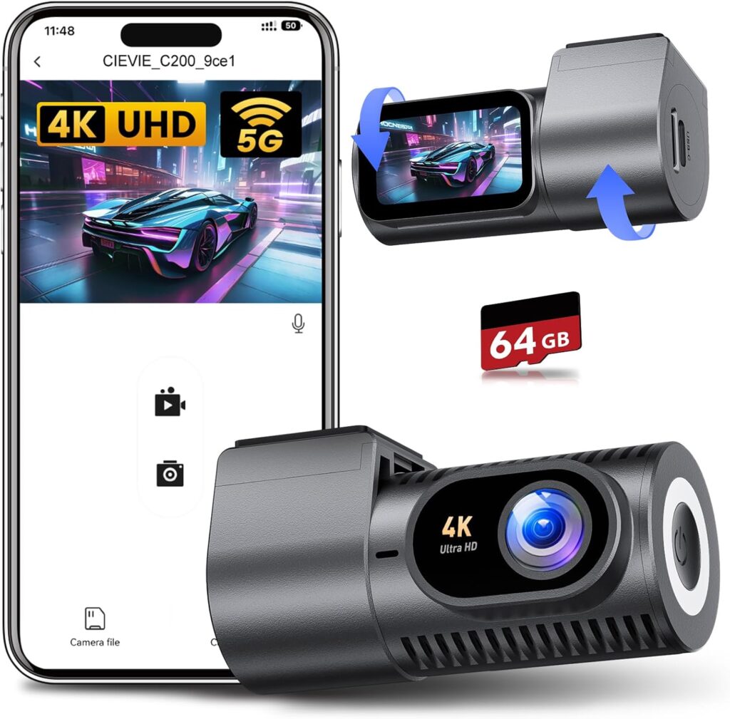 Dashcam Auto vorne 4K mit WiFi und 64GB Speicherkarte für klare Aufnahmen im Straßenverkehr