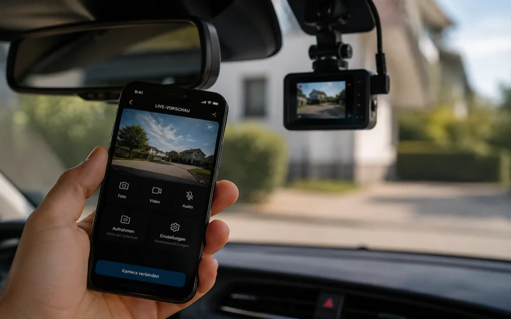 Smartphone mit Dashcam-App neben montierter Dashcam im Auto