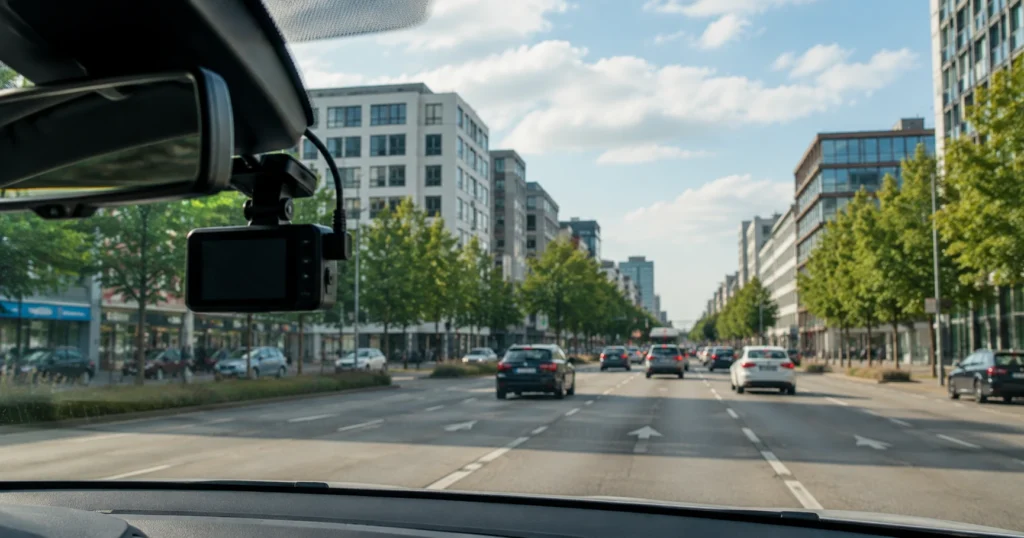 Dashcam an der Frontscheibe eines Autos mit Blick auf die Straße bei Tageslicht