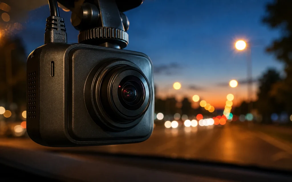 Nahaufnahme einer Dashcam-Linse bei Dämmerung mit Straßenbeleuchtung im Hintergrund