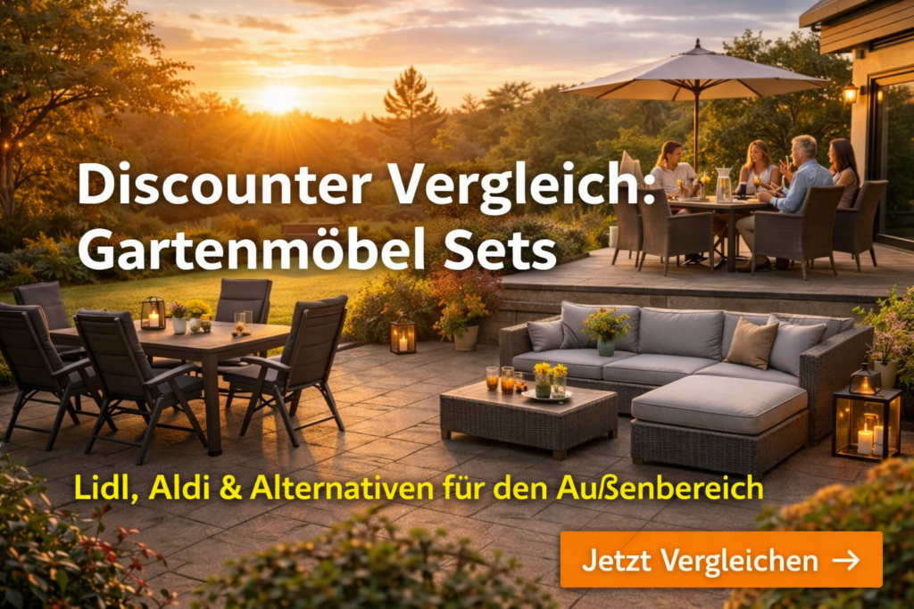 Discounter Vergleich Gartenmöbel Sets 2026 mit Terrasse und Gästen bei Sonnenuntergang