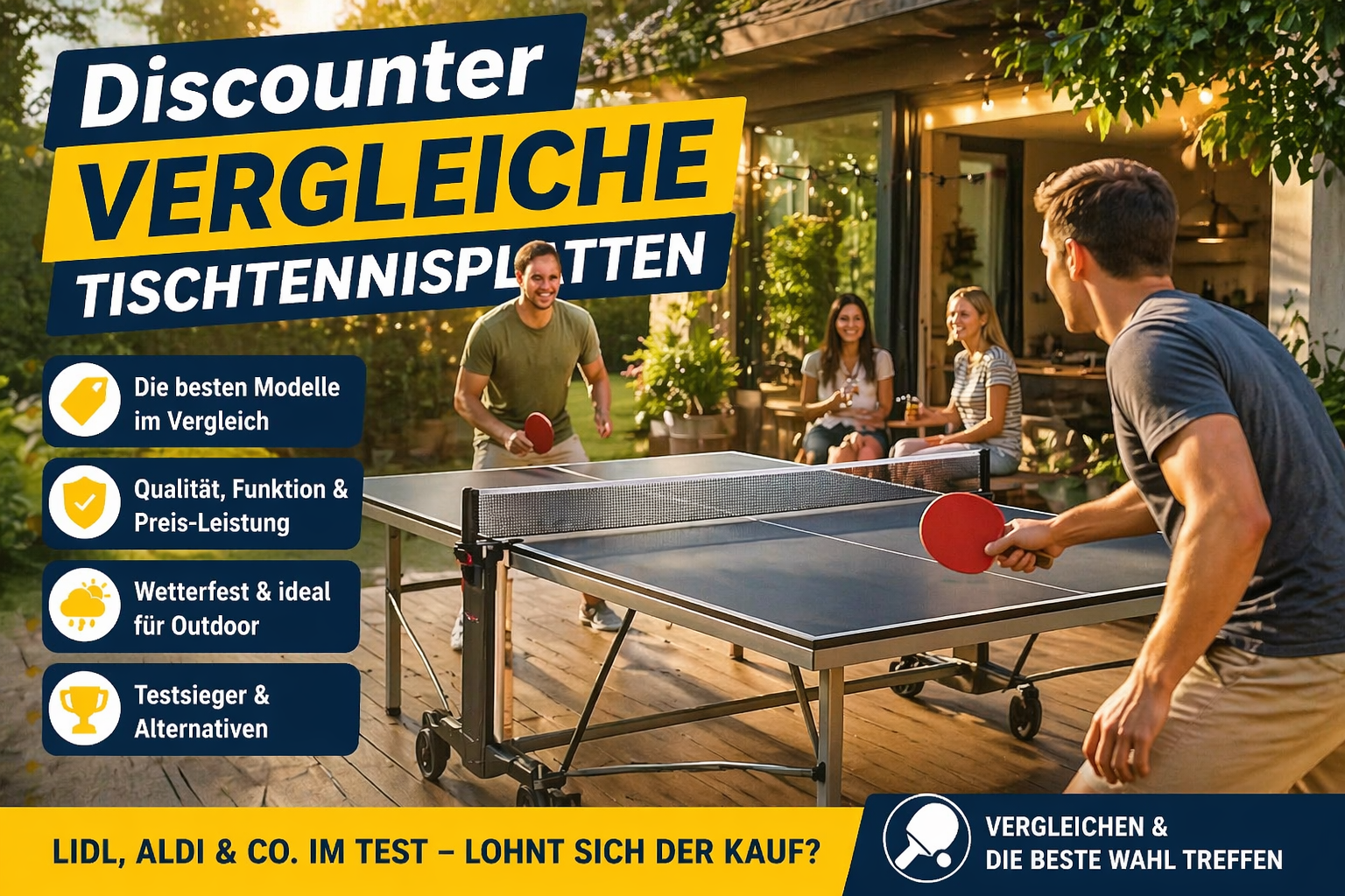 Discounter Vergleich Tischtennisplatten 2026 mit Outdoor Tischtennisplatte auf Terrasse und Spielern im Garten