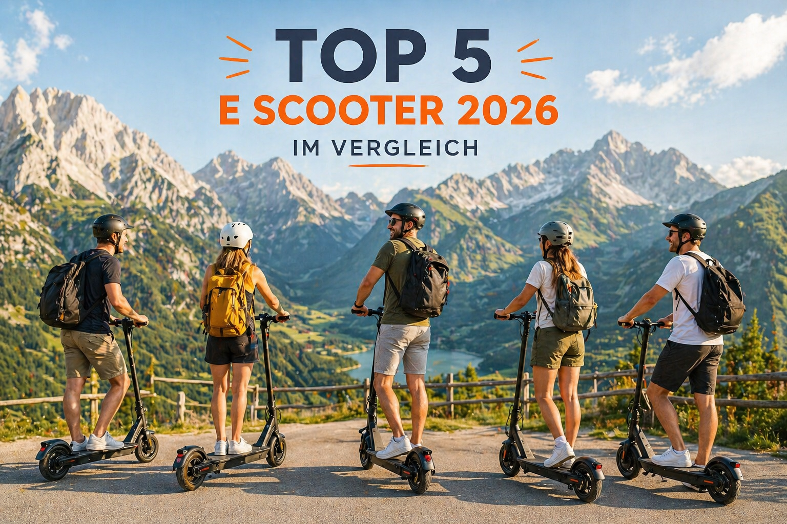 E Scooter 2026 Top 5 Vergleich in Berglandschaft mit Fahrern bei schönem Wetter