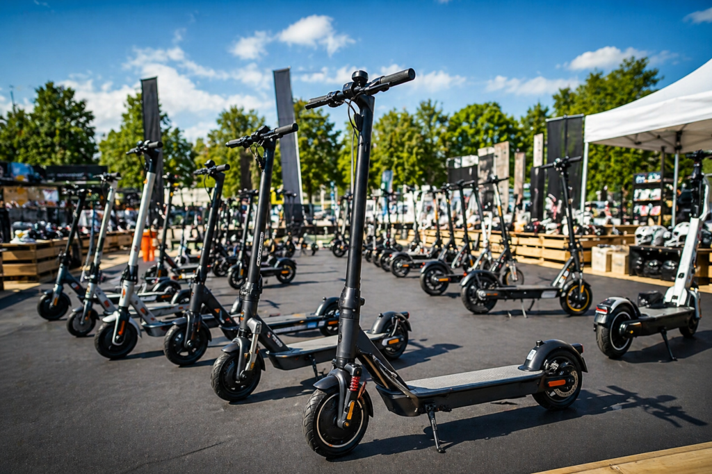 E Scooter Ausstellung im Freien mit verschiedenen Modellen für Pendler 2026