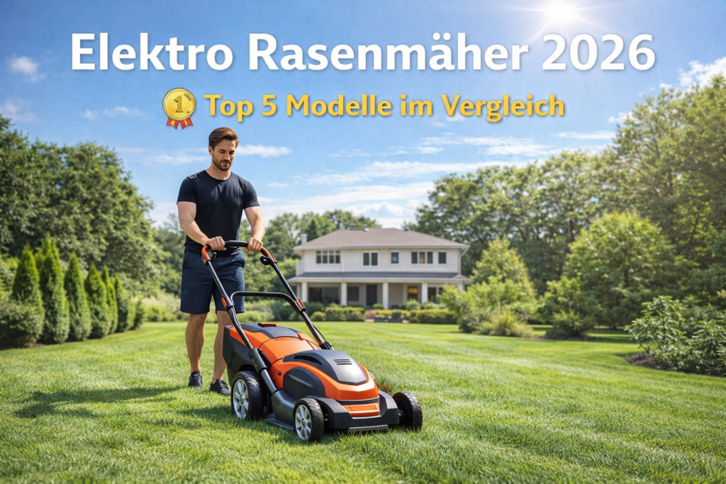 Elektro Rasenmäher 2026 im Garten bei Sonnenschein Rasen mähen