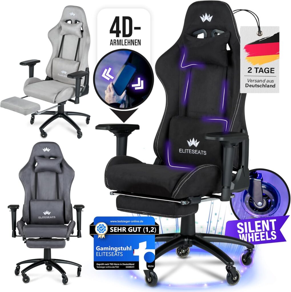 ELITESEATS Gaming Stuhl 2026 ergonomisch mit 4D Armlehnen und Fußstütze