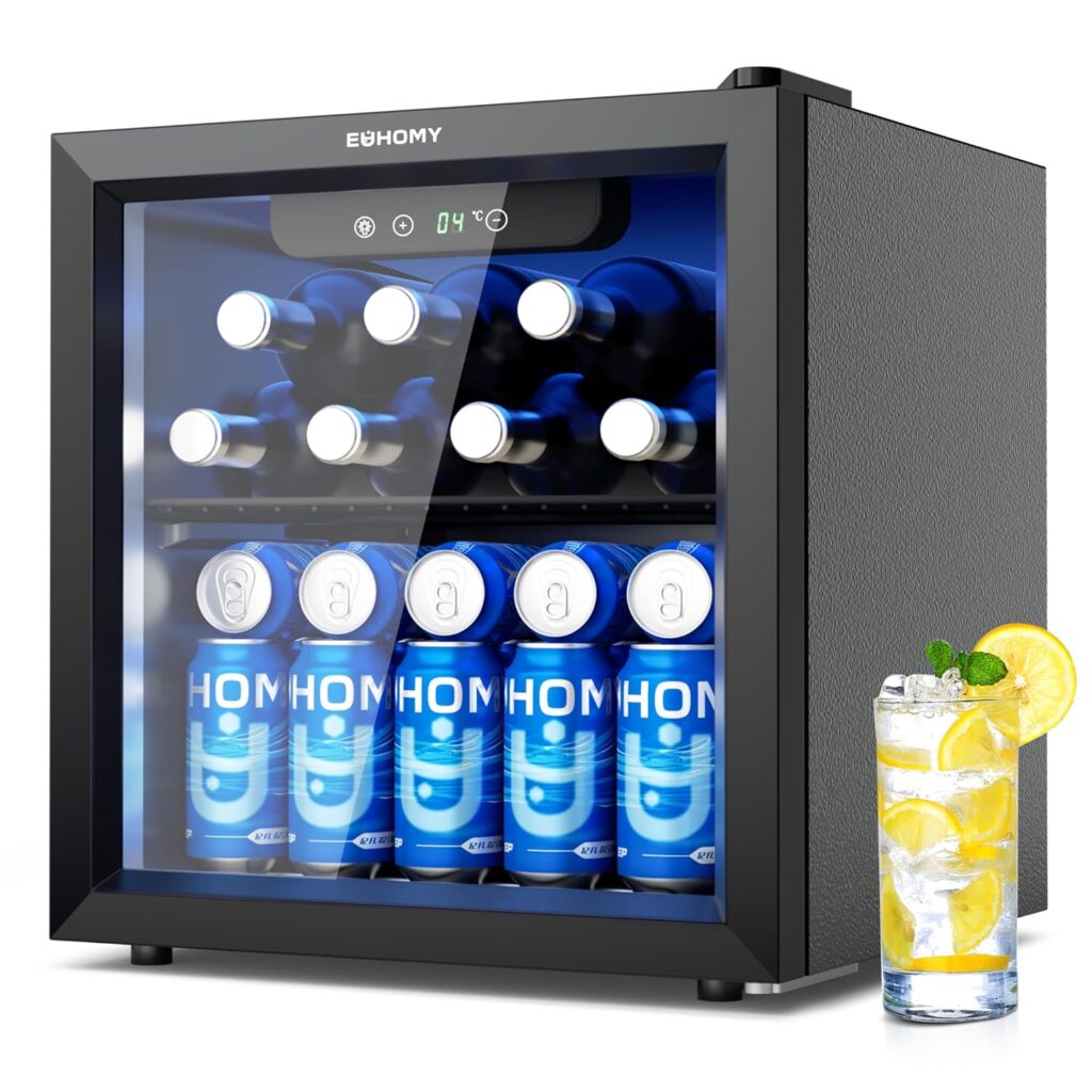 EUHOMY Mini Kühlschrank 36L 2026 mit Glastür LED und 55 Dosen