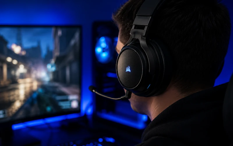Person trägt Gaming Headset beim Spielen am PC in dunklem Zimmer