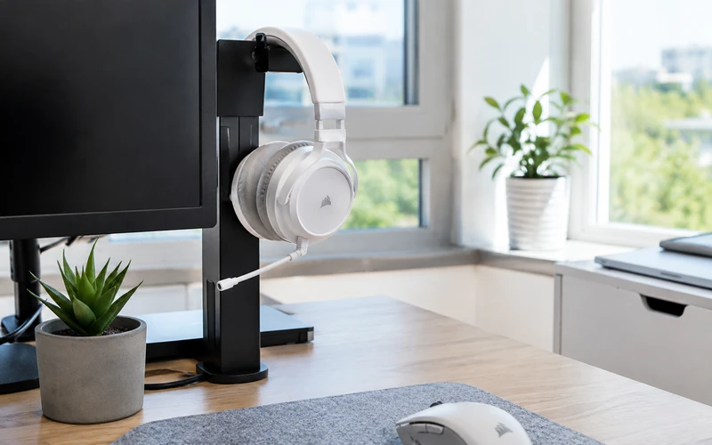 Gaming Headset hängt an Gaming Setup Schreibtisch mit Tageslicht am Fenster