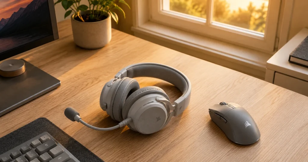 Gaming Headset liegt auf Schreibtisch neben Gaming Maus in warmem Abendlicht