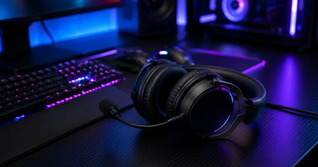 Gaming Headset liegt auf beleuchtetem Schreibtisch neben Gaming Tastatur