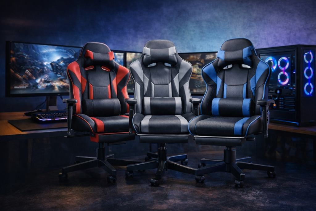 Gaming Stühle 2026 im Vergleich mit Gaming Setup und Monitor im Hintergrund
