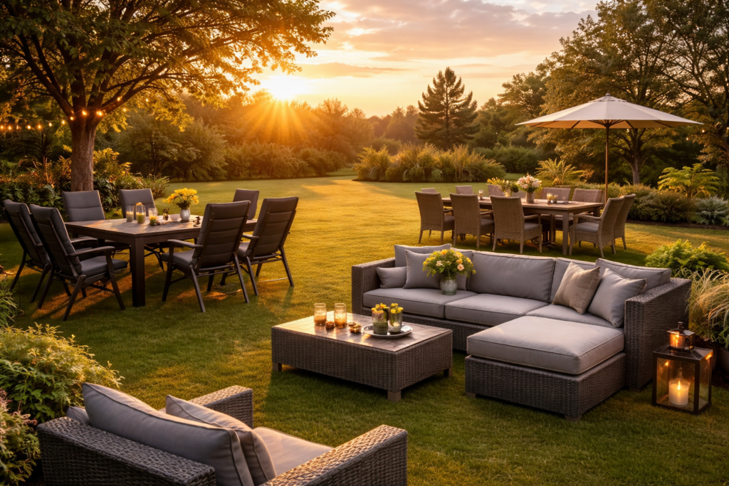 Lidl Gartenmöbel Set, Verschiedene Gartenmöbel Sets in einem großen Garten bei Sonnenuntergang für Terrasse und Outdoor Nutzung