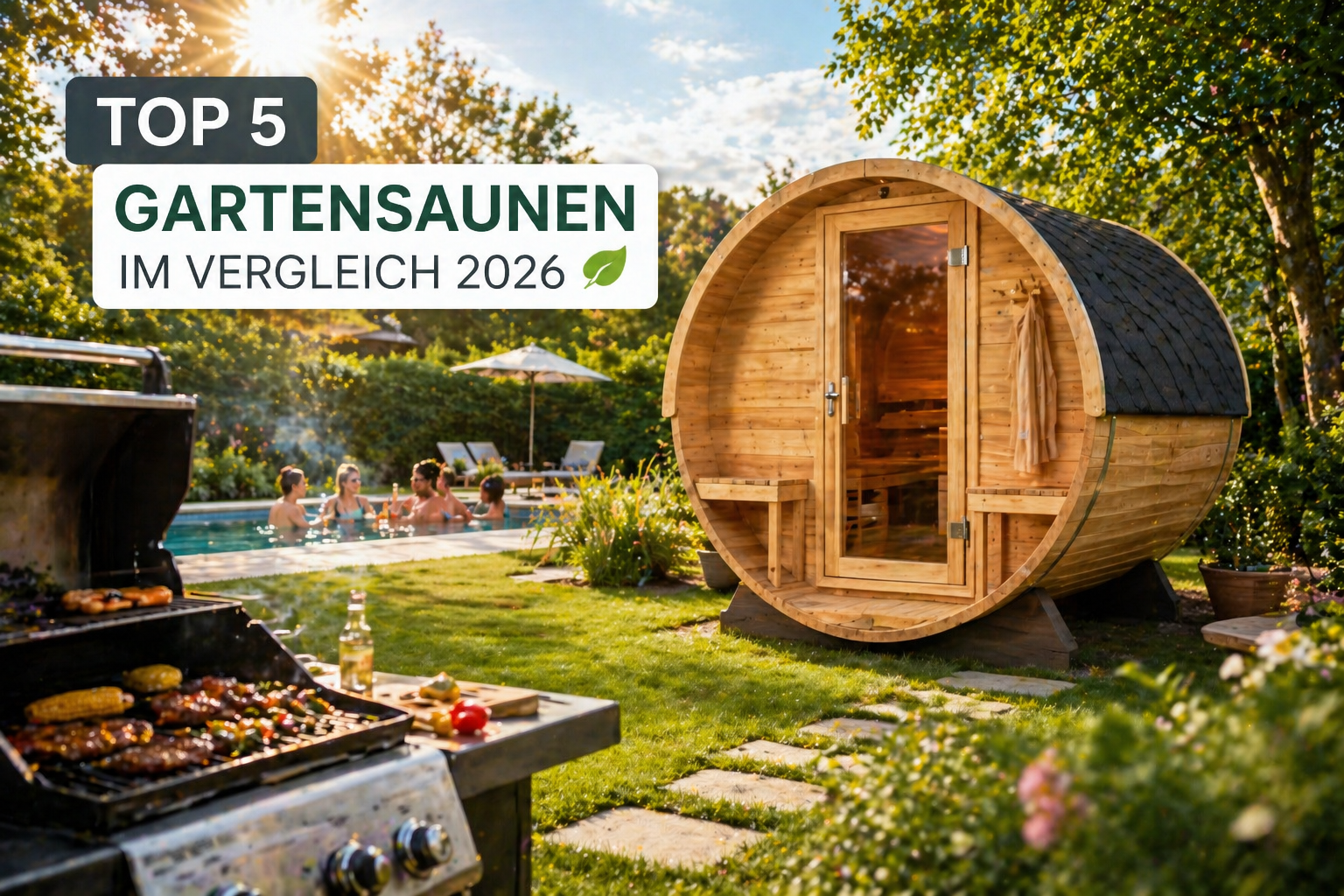 Gartensauna im Garten mit Pool und Grill im Hintergrund Top 5 Vergleich 2026