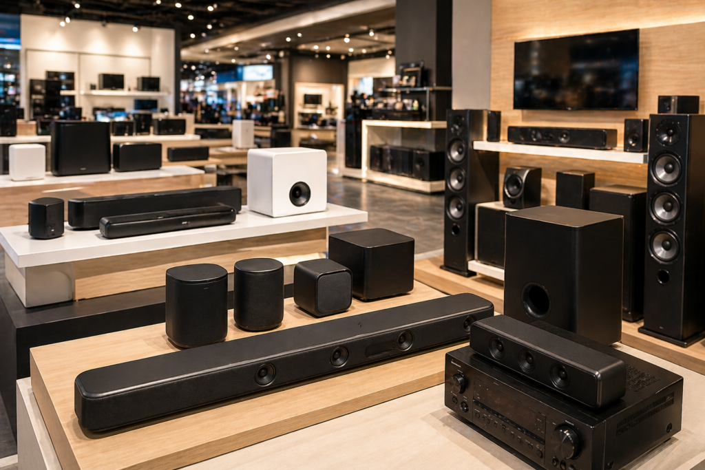 Heimkino Soundsysteme 2026 im Elektrofachhandel mit verschiedenen Soundbars und Surround Systemen