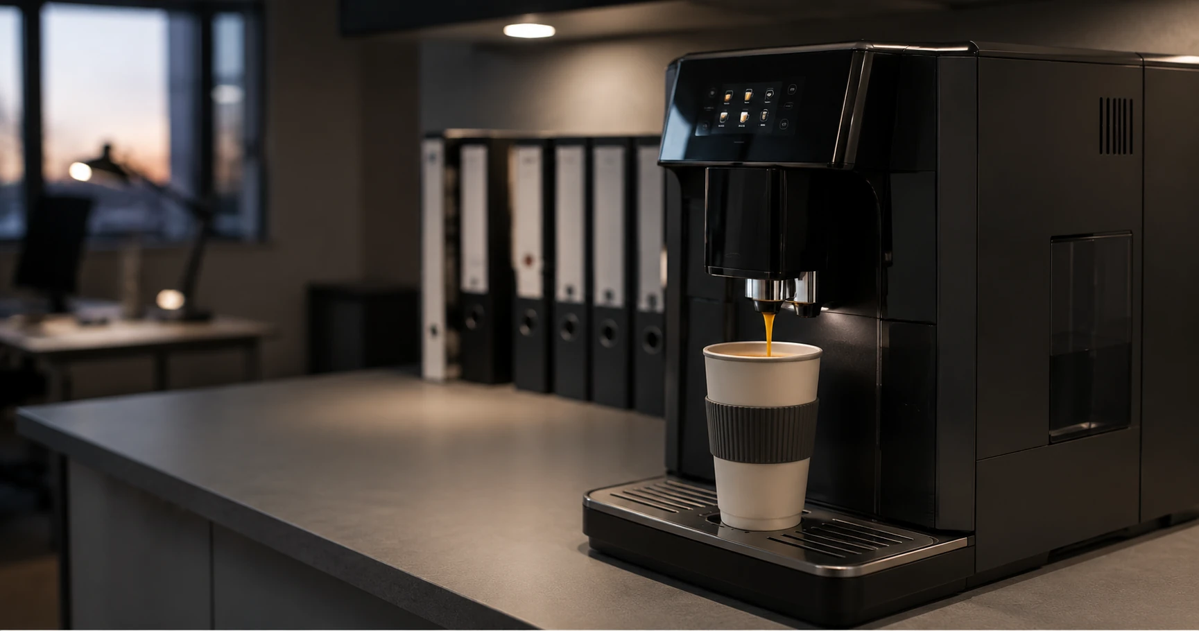 Kaffeevollautomat in einer Büroküche füllt einen Coffee-to-go-Becher