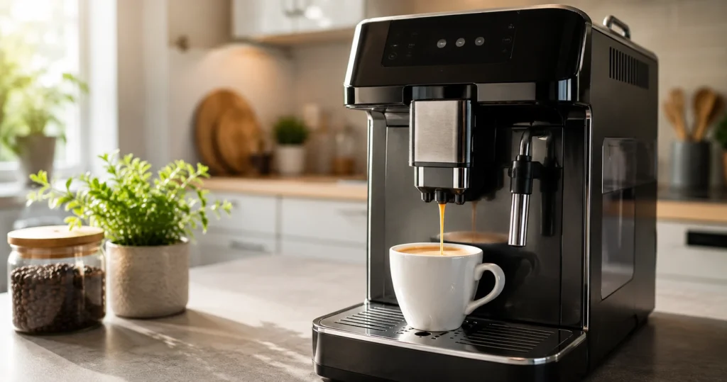 Kaffeevollautomat in einer modernen Küche bei der Espressozubereitung