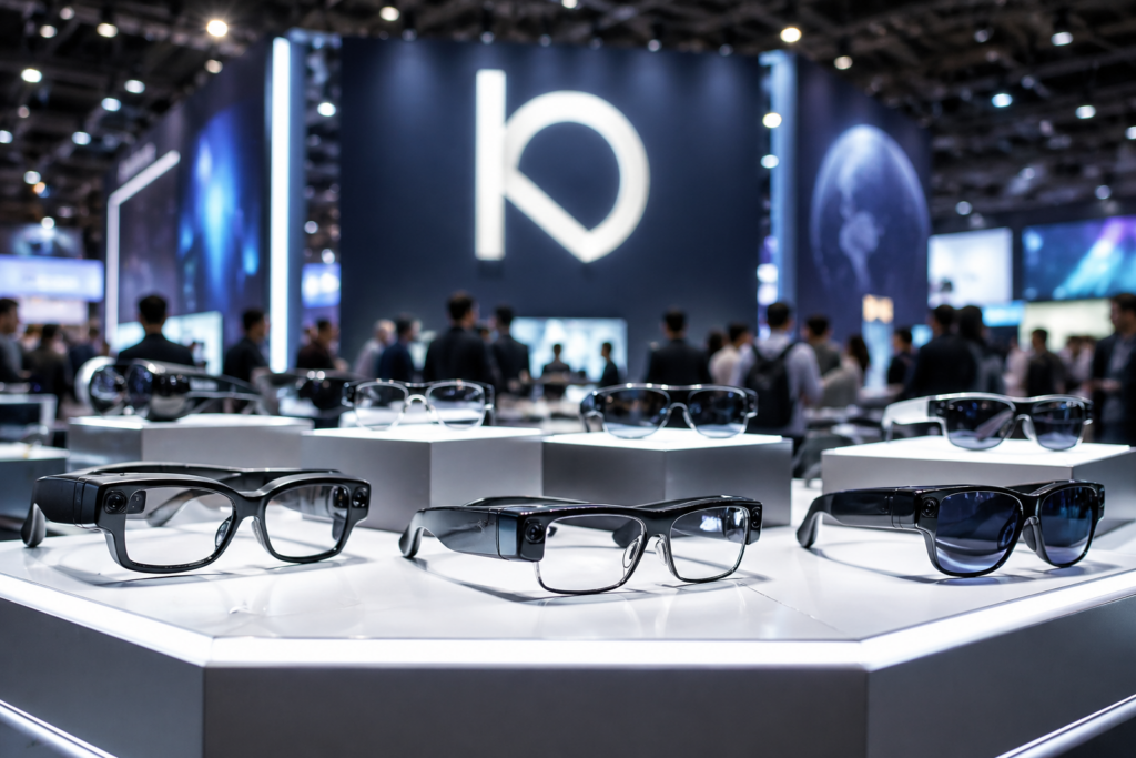 KI Brillen 2026 auf einer Technologie Messe Ausstellung mit verschiedenen Smart Glasses Modellen