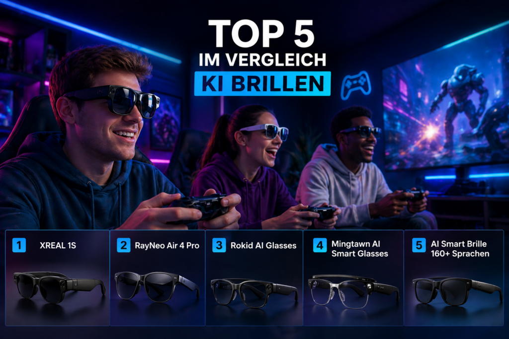 Top 5 KI Brillen 2026 im Vergleich mit Personen beim Gaming und Smart Glasses Nutzung