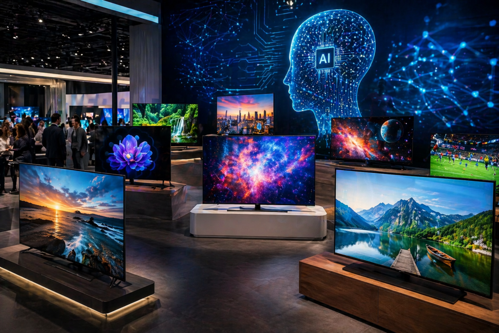 verschiedene KI Fernseher 2026 auf Messe Ausstellung mit AI Hintergrund und modernen Smart TVs