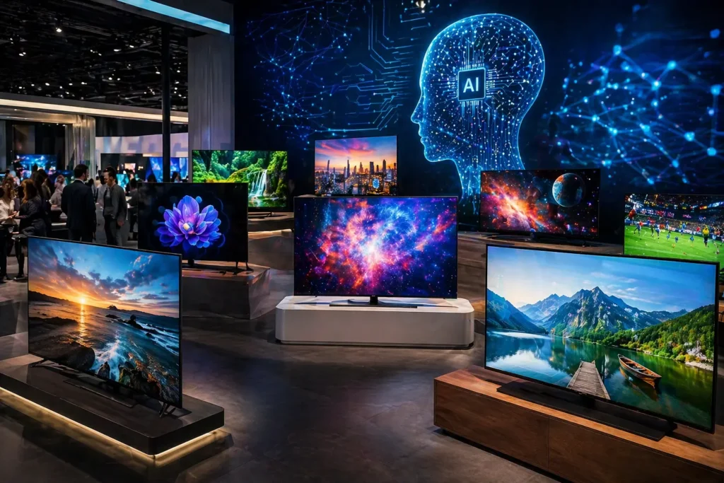 Mehrere KI Fernseher auf einer Messe mit leuchtenden Displays und KI-Visualisierung