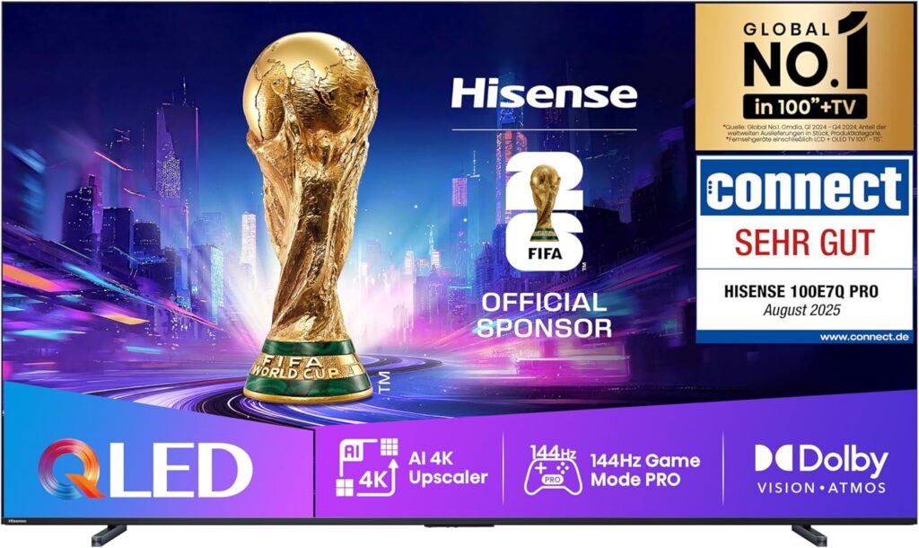 Hisense 100E7Q PRO KI Fernseher 2026 100 Zoll mit QLED und AI Upscaling