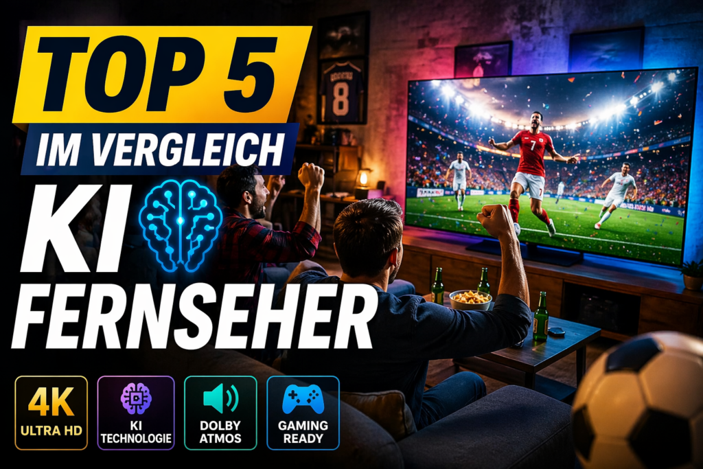 KI Fernseher 2026 Top 5 im Vergleich mit Freunden beim Fußball schauen im Wohnzimmer