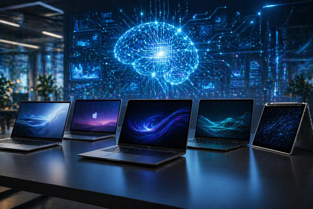 verschiedene KI Notebooks 2026 mit futuristischem KI Hintergrund und modernen AI Laptops
