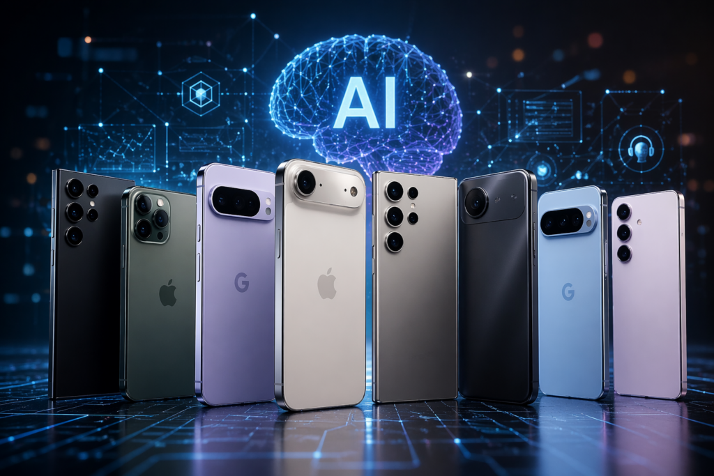 verschiedene KI Smartphones 2026 mit futuristischem AI Hintergrund und modernen Smartphones