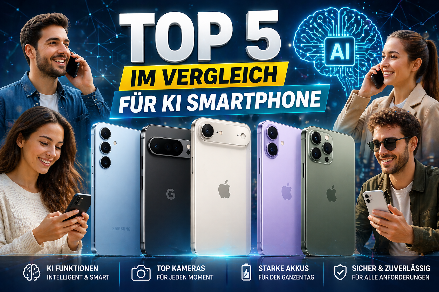KI Smartphones 2026 Top 5 im Vergleich mit modernen AI Smartphones und Personen im Alltag