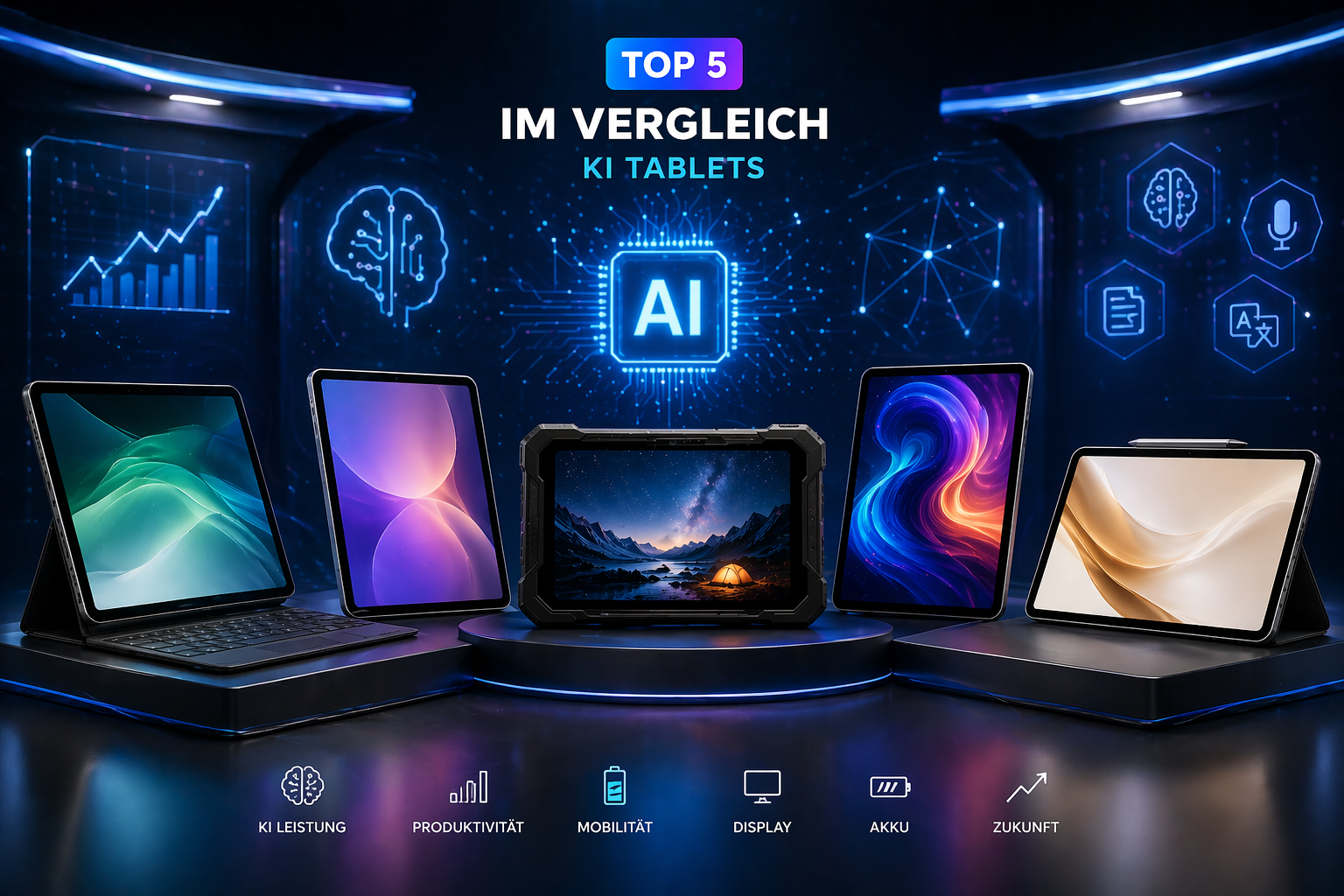 Top 5 KI Tablets 2026 im Vergleich mit AI Symbolen und moderner Technik Darstellung