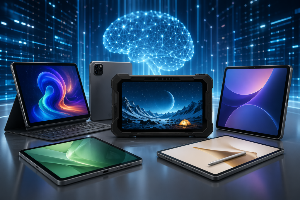 Verschiedene KI Tablets 2026 mit futuristischem KI Hintergrund und moderner Technologie
