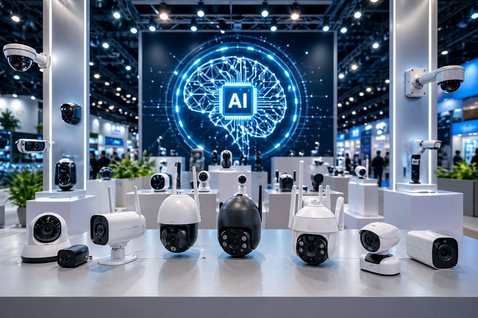 KI Überwachungskameras 2026 auf einer Technologie Messe mit verschiedenen Sicherheitskameras und AI Symbol